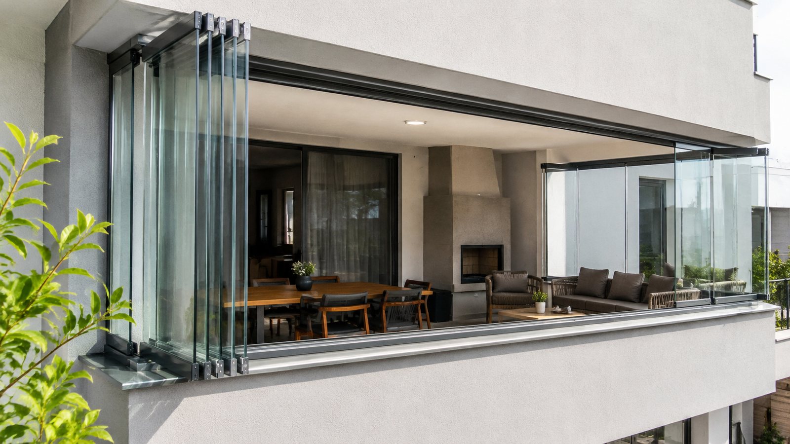 Katlanır cam balkon sisteminin camları yana toplanmış hâli
