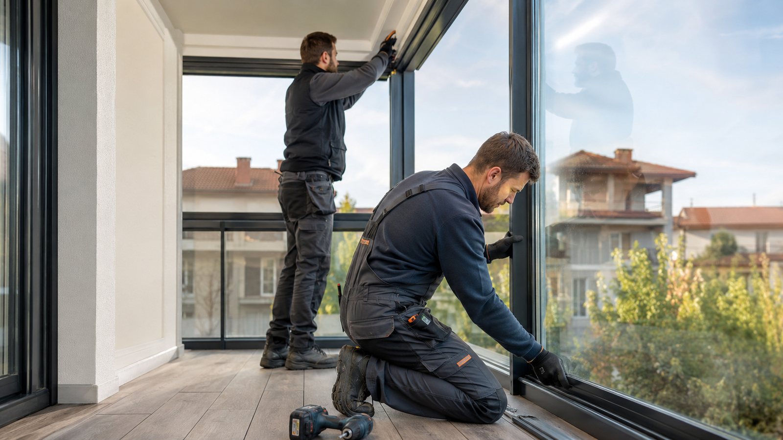Türkeroğulları Yapı ekibinin balkonda cam balkon sistemi montajı